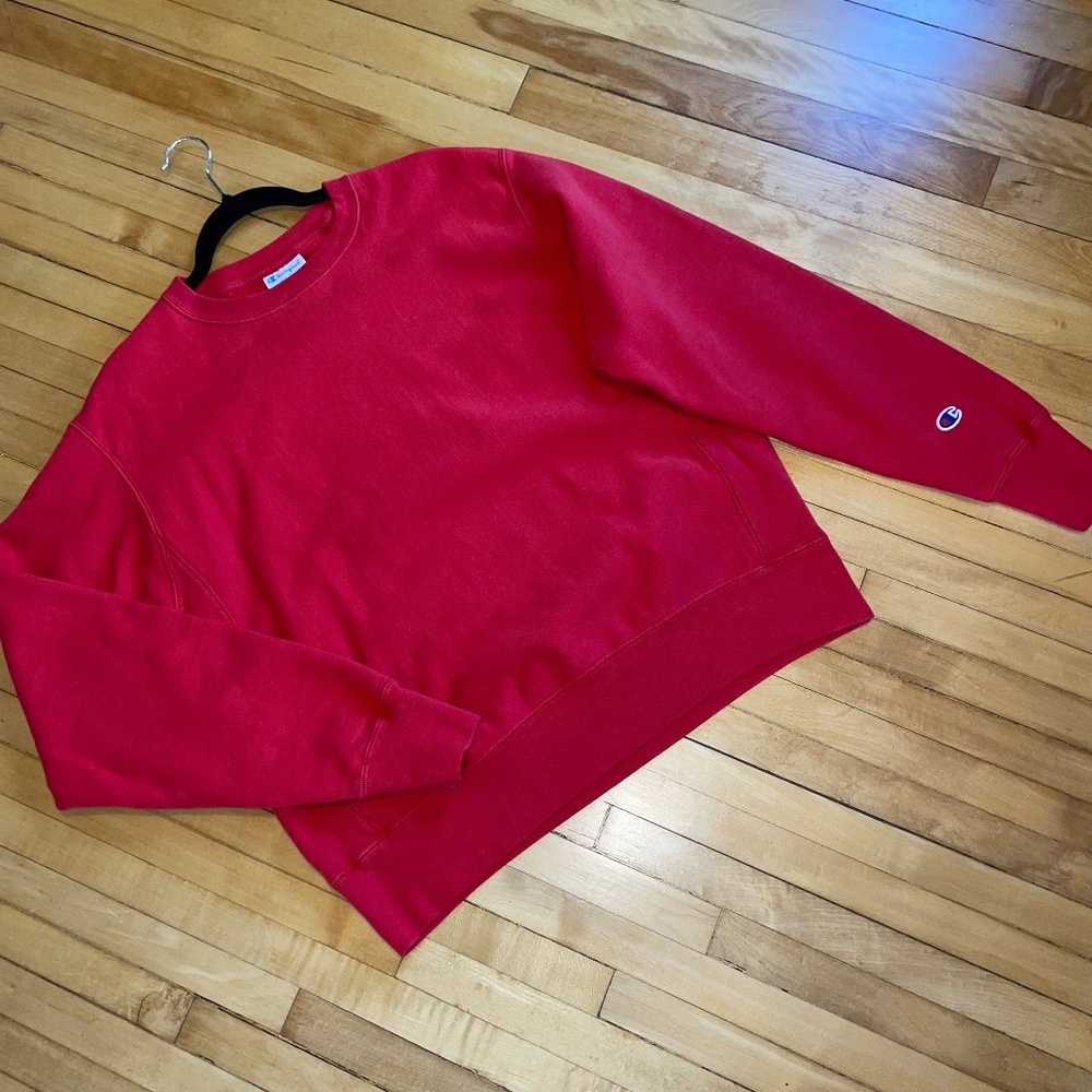 Champion Reverse Weave Sweatshirt Blank Embroidered Wrist Logo Red Unisex Adult
